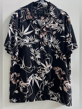 Cactus Man Style Vintage Black Floral Print Button-Up Shirt with Leaves Size:XXL